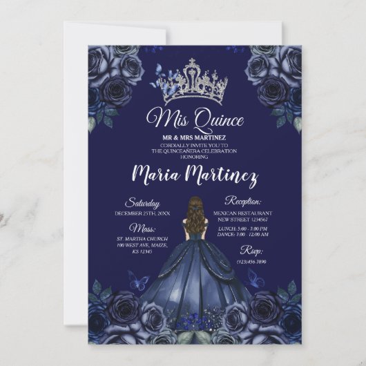 Blauer Navy Prinzessin Silver Mis Quince Einladung (Vorderseite)