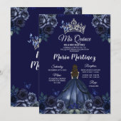 Blauer Navy Prinzessin Silver Mis Quince Einladung (Vorne/Hinten)