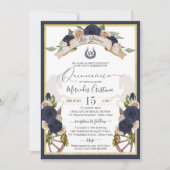 Blauer Navy Rose Blumen & Pferde Charro Quinceaner Einladung (Vorderseite)