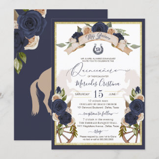 Blauer Navy Rose Blumen & Pferde Charro Quinceaner Einladung