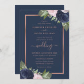 Blauer Navy Rose Gold Blush Hochzeit Einladungen (Vorne/Hinten)