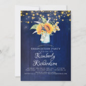 Blauer Navy Sonnenblumen Rustikaler Fall Abschluss Einladung (Vorderseite)