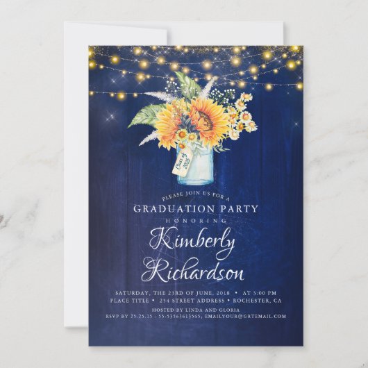 Blauer Navy Sonnenblumen Rustikaler Fall Abschluss Einladung (Vorderseite)