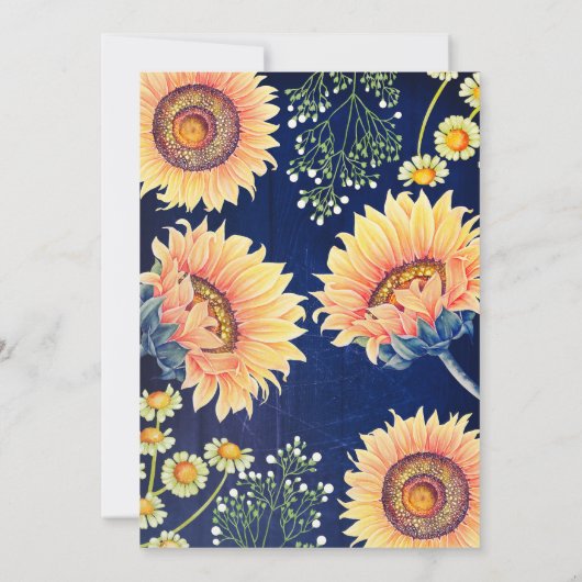 Blauer Navy Sonnenblumen Rustikaler Fall Abschluss Einladung (Rückseite)