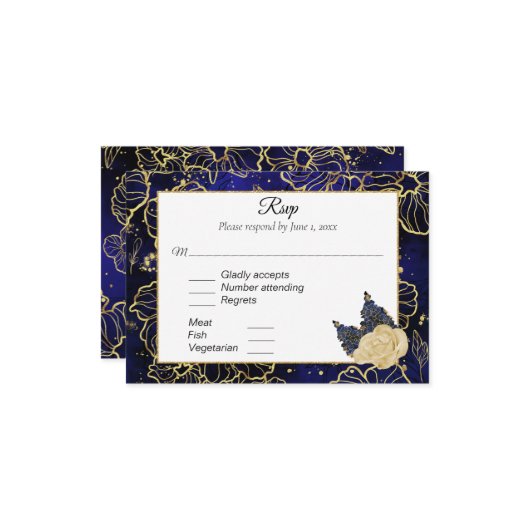 Blauer Navy und Gold Floral UAWG RSVP Karte (Vorderseite/Rückseite Beispiel)