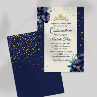 Blauer Navy und Gold Tiara Quinceanera Einladung
