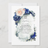 Blauer Navy und Peach Floral Elegante Taufe Einladung (Vorderseite)