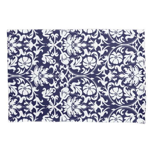 Blauer Navy und weißer Floral Damask Kissenbezug (Vorderseite-Links)