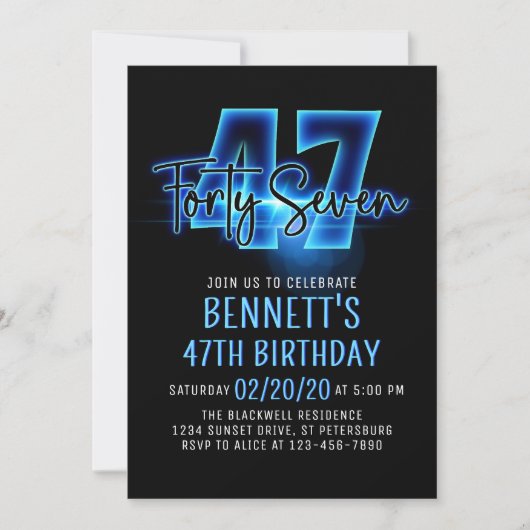 Blauer Neon 47. Geburtstag Einladung (Vorderseite)