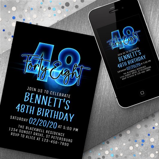 Blauer Neon 48. Geburtstag Einladung