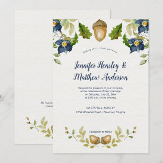 Blauer Oak Blätter Acorns Wedding | Einladung