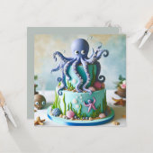 BLAUER OCTOPUS DEKORIERTER KINDERGEBURTSTAG-KUCH KARTE (Vorderseite/Rückseite Beispiel)