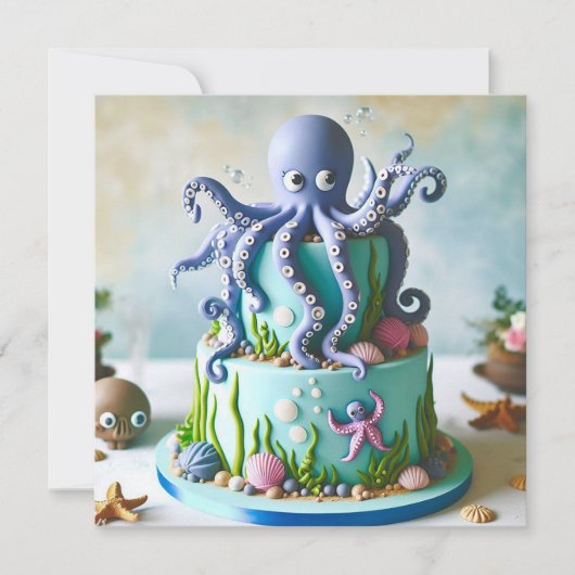 BLAUER OCTOPUS DEKORIERTER KINDERGEBURTSTAG-KUCH KARTE (Vorderseite)