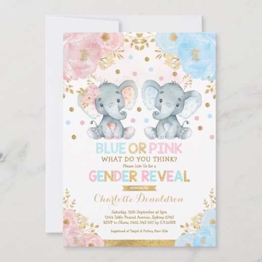 Blauer oder rosa Elephant Gender Reveal Baby Showe Einladung (Vorderseite)
