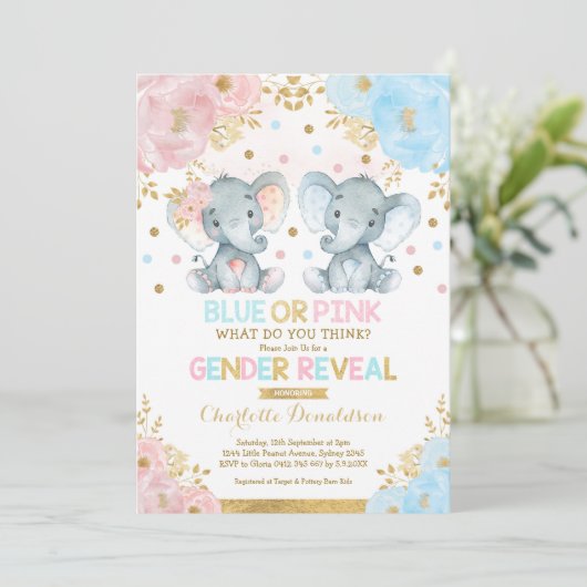 Blauer oder rosa Elephant Gender Reveal Baby Showe Einladung (Stehend Vorderseite)