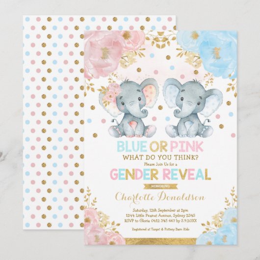 Blauer oder rosa Elephant Gender Reveal Baby Showe Einladung (Vorne/Hinten)