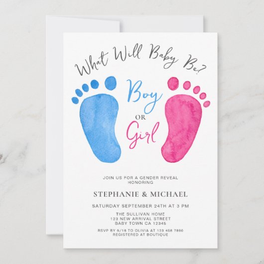 Blauer oder rosa Geschlecht bei Jungen oder Mädche Einladung (Vorderseite)