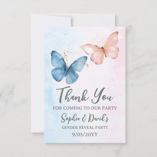 Blauer oder rosa Geschlecht offenbart Baby Shower Dankeskarte (Vorderseite)