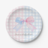 Blauer oder rosa Gingham Bow Gender Reveal Baby Sh Pappteller (Vorderseite)