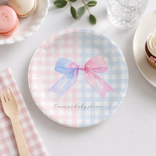 Blauer oder rosa Gingham Bow Gender Reveal Baby Sh Pappteller