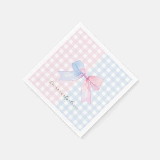 Blauer oder rosa Gingham Bow Gender Reveal Baby Sh Serviette (Ecke)