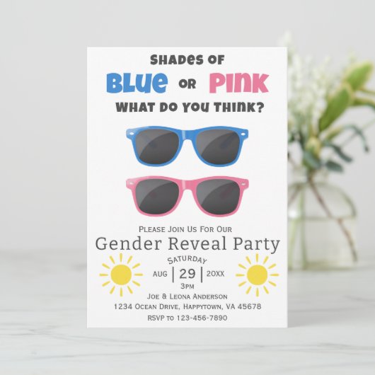 Blauer oder rosa Sonnenbrille Sommergenderenthüllu Einladung (Stehend Vorderseite)