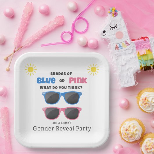 Blauer oder rosa Sonnenbrille Sommergenderenthüllu Pappteller (Party)