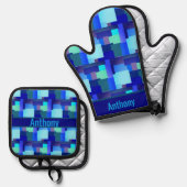 Blauer Ofen - Mitt und Topf Ofenhandschuh & Topflappen-Set (Vorderseite/Rückseite)