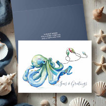 Blauer Oktopus Aquarell Strand Weihnachten