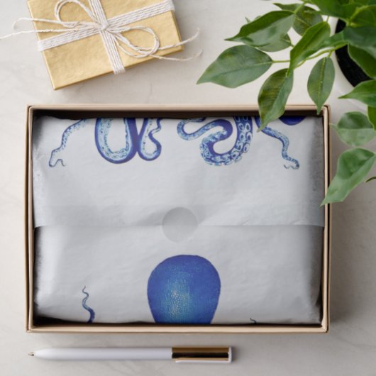 Blauer Oktopus auf weißem Hintergrund Seidenpapier (Geschenk)