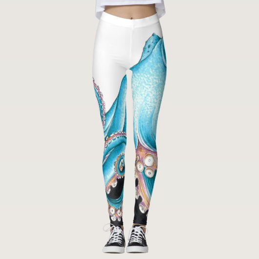Blauer Oktopus auf weißem Tinte Leggings (Vorderseite)