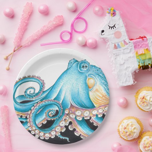 Blauer Oktopus auf weißem Tinte Pappteller (Party)