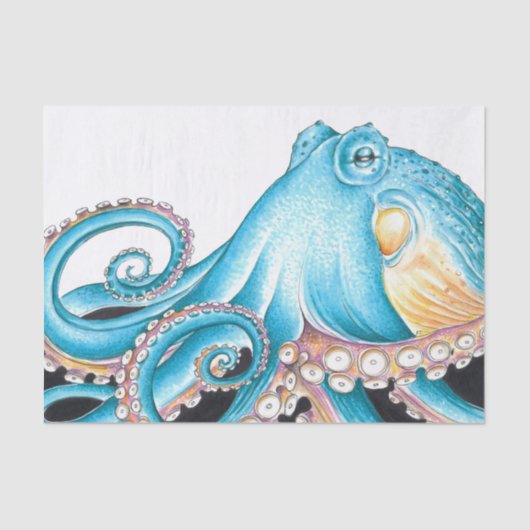 Blauer Oktopus auf weißem Tinte Seidenpapier (Vorderseite)