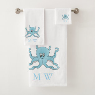 Blauer Oktopus-Design mit Monogramm Badhandtuch Set