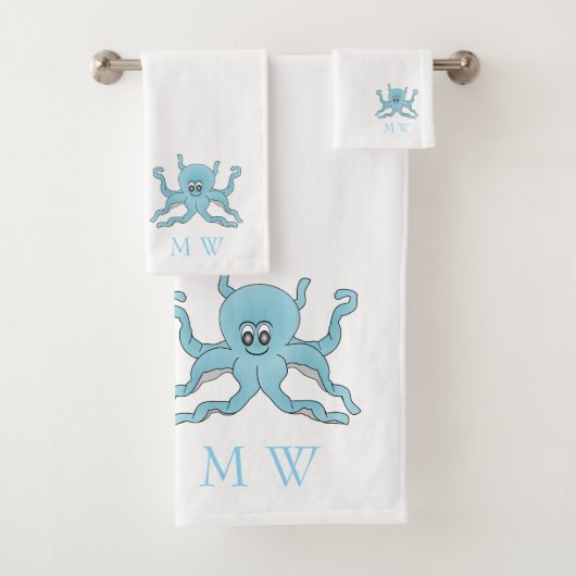 Blauer Oktopus-Design mit Monogramm Badhandtuch Set (Insitu)