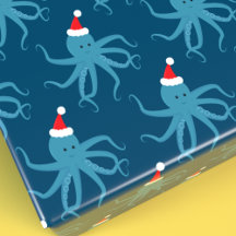Blauer Oktopus in der Weihnachtsmannmütze Weihnach
