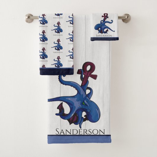 Blauer Oktopus Küstenstreifen Weißes Holz Wasserba Badhandtuch Set (Insitu)