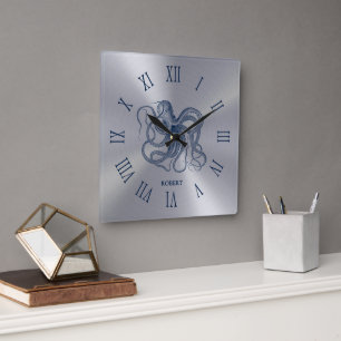 Blauer Oktopus Römische Ziffern auf Dunkelsilber Quadratische Wanduhr
