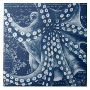 Blauer Oktopus Vintage-Karten-Chic Fliese