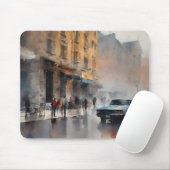 Blauer Oldtimer in nebliger Stadtlandschaft Mousepad (Mit Mouse)