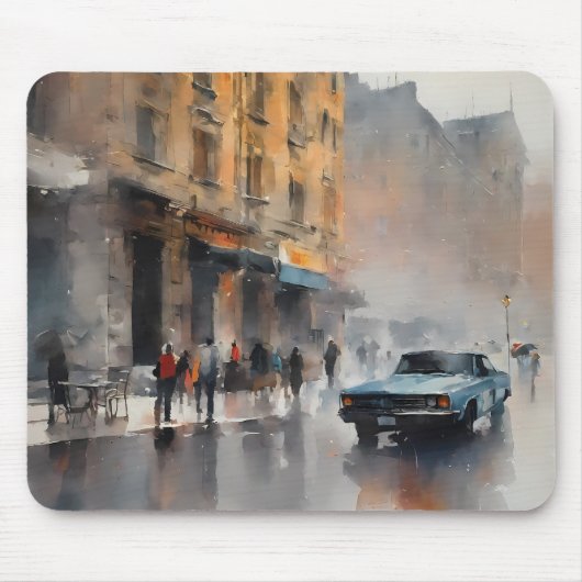 Blauer Oldtimer in nebliger Stadtlandschaft Mousepad (Vorne)