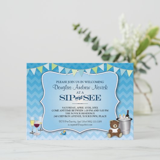 Blauer Ombre Zickzack BabySip und sehen Einladung (Stehend Vorderseite)