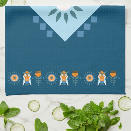 Blauer Orange Blume Folk Geschirrtuch (Gefaltet)