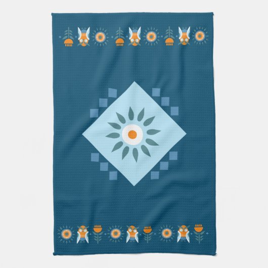 Blauer Orange Blume Folk Geschirrtuch (Vertikal)