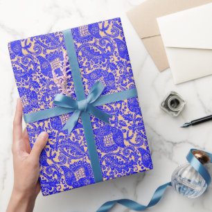 Blauer Orange Mittelalterliche Einzigartiges Blume Geschenkpapier