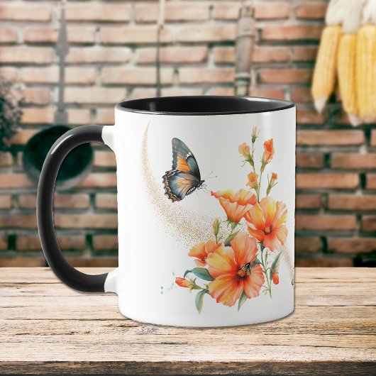 Blauer Orange Poppy Floral Butterfly Tasse