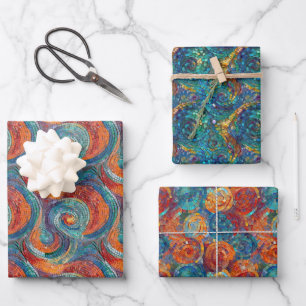 Blauer Orange Türkis Swirl Geschenkpapier Set
