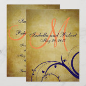 Blauer Orange Vintage Hochzeit Einladung (Vorne/Hinten)