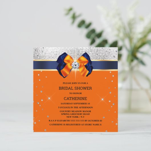 Blauer orangefarbener silberner Glitzer mit elegan Einladung (Stehend Vorderseite)