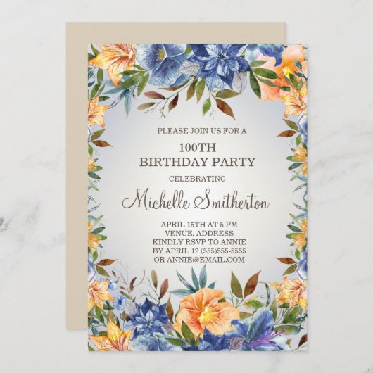 Blauer Orangenblumen 100. Geburtstag Einladung (Vorne/Hinten)